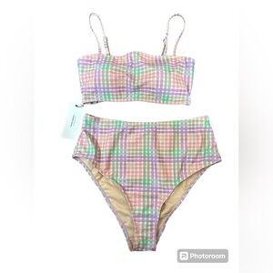 Vero Moda pastels swim suit set bikini NWT‎ medium plaid purple green pink